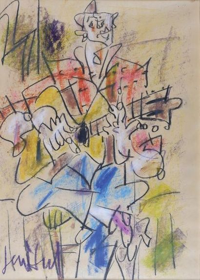 GEN PAUL (1895-1975) Le clown à la guitare.
Crayolor signé en bas à gauche.
38,5...