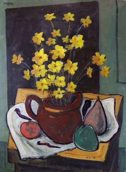 Pierre LACROIX (1912-1994) Nature morte aux fleurs et aux fruits.
Huile sur toile,...