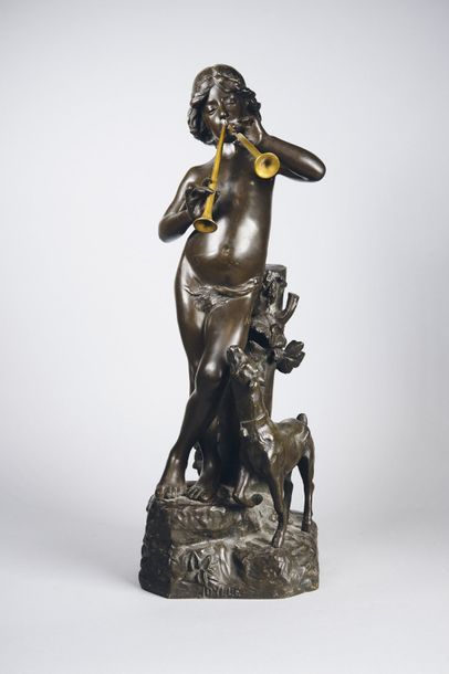 Joaquim ANGLES CANE (1859-?) Idylle.
Epreuve en bronze à double patine brune et vieil...