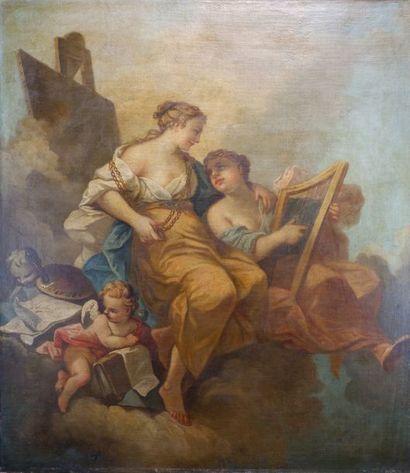 École FRANÇAISE du XVIIIe siècle Allégorie des arts.
Huile sur toile.
100 x 88 c...