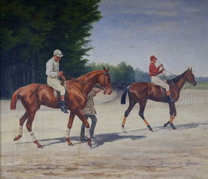 Bernard de LAVAU (XXe siècle) Les jockeys.
Huile sur toile signée en bas à droite.
46,5...