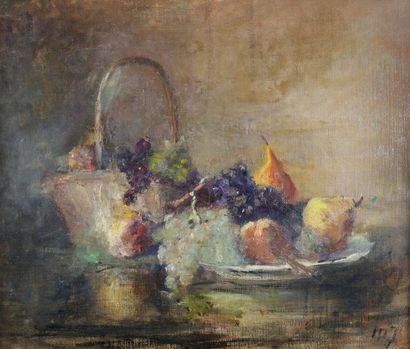 École FRANÇAISE du XXe siècle Nature morte aux poires et grappes de raisin.
Huile...