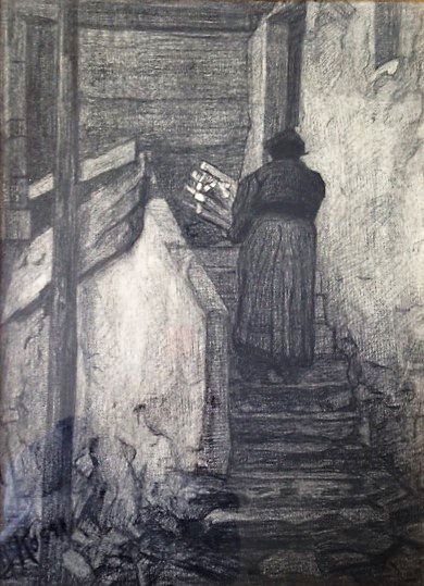 Joseph ROSSI (1892-1930) Paysanne dans l'escalier.
Dessin au fusain sur papier Ingres,...