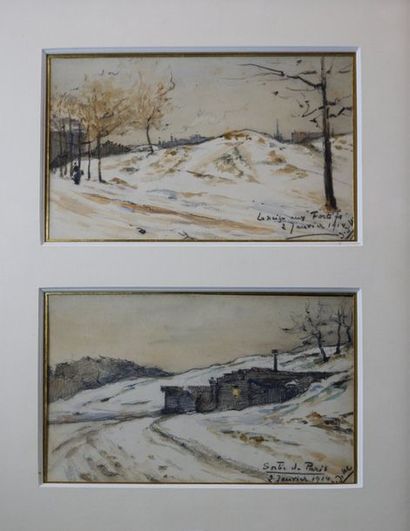 École du XXe siècle «Sortie de Paris» et «La neige aux fortifs», 1914.
Deux dessins...