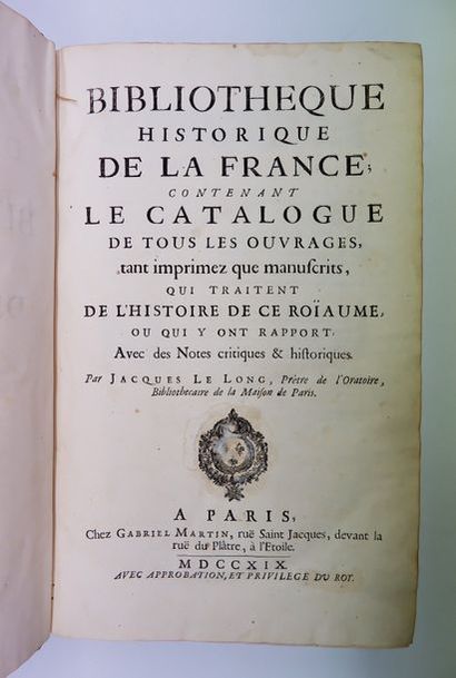 null Jacques LELONG. Bibliothèque historique de la France, contenant Le Catalogue...