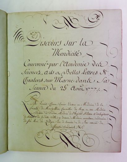 null [MANUSCRIT]. Louis CLOUET. Discours sur la Mendicité… Chaalons-sur-Marne, 1777....
