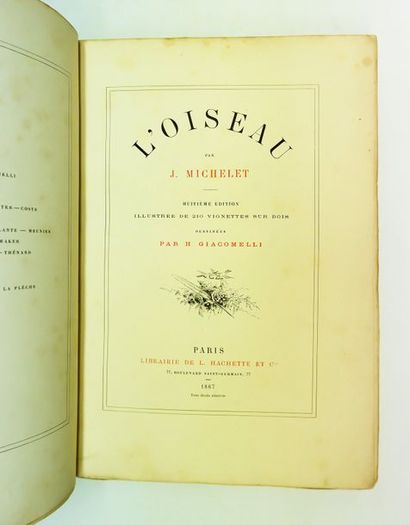 null Jules MICHELET. L’Oiseau. Paris, Hachette, 1867. In-4, demi-maroquin bleu roi...