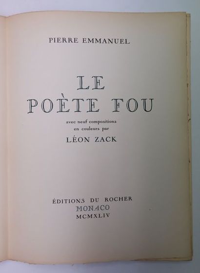 null Pierre EMMANUEL. Le Poète fou. Monaco, Éditions du Rocher, 1944. In-4, en feuilles....