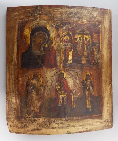  Icône à trois registres Au registre supérieur gauche : icône de la Vierge de Kazan,...