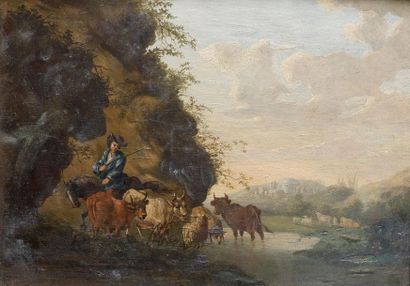  Ecole française du XVIIIe siècle Berger et son troupeau à la rivière. Huile sur...