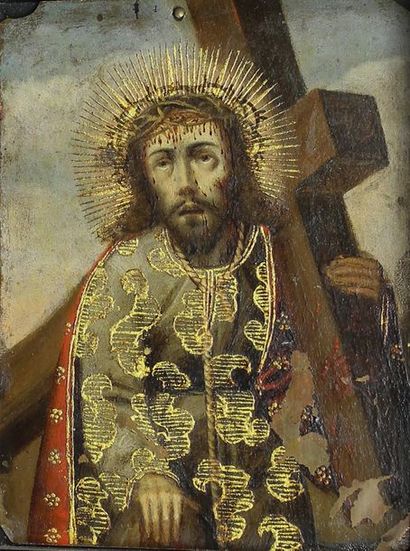 Ecole latino-américaine du XVIIe siècle Christ portant la croix. Cuivre (coin supérieur...