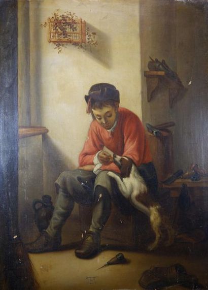 Ecole du XIXe siècle 
Enfant au chien. 
Huile...