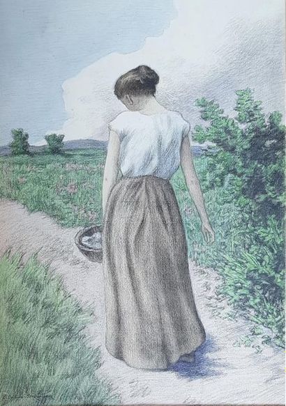 null Louis JOULIEN (1858-1942)
La paysanne au panier.
Pastel signé en bas à droite,...