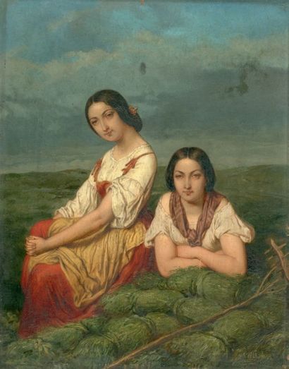 Julien VALLOU de VILLENEUVE (Boissy-Saint-Léger 1795-Paris 1866) Deux jeunes paysannes...