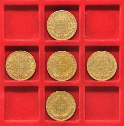 null 5 pièces de 20 francs or Napoléon III tête nue.
Années: 1854 A (x1), 1857 A...