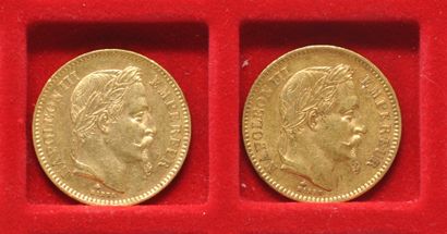 null 2 pièces de 20 francs or Napoléon III tête laurée. 
Années: 1863 A et 1864 ...