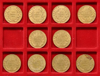 null 10 pièces de 20 francs or Napoléon III tête nue.
Années: 1853 A (x2), 1854 A...
