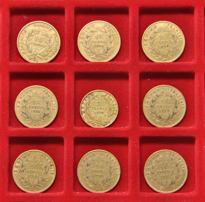 null Lot de 9 pièces en or comprenant:
-1 pièce de 10 francs or Céres, 1851 A
-1...
