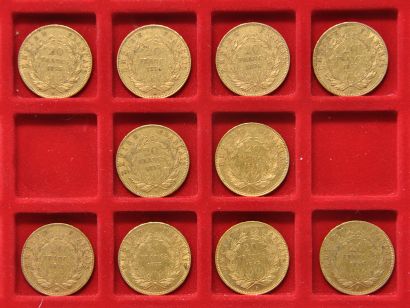 null 10 pièces de 20 francs or Napoléon III tête nue.
Années: 1855 A (x5), 1855 BB...