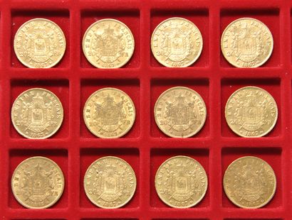 null 12 pièces de 20 francs or Napoléon III tête laurée.
Années: 1865 A (x3), 1867...