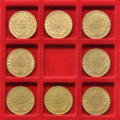 null 8 pièces de 20 francs or Napoléon III tête nue.
Années: 1860 A (x4), 1860 BB...