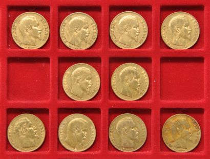 null 10 pièces de 20 francs or Napoléon III tête nue.
Années: 1853 A (x2), 1854 A...