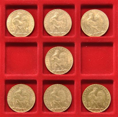null 7 pièces de 20 francs or au Coq, République Française.
Années: 1909 (x1), 1910...
