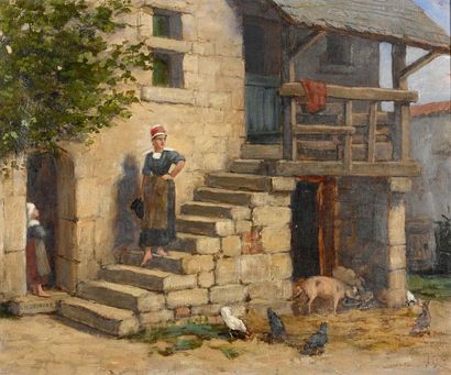 null Charles DEMORY (1833-1895)
"Cour de ferme à l'escalier"
Huile sur toile signée...