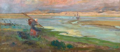 null Eugène Henri Alexandre CHIGOT (1860-1923)
"Pêcheuse de crevettes face à la baie...