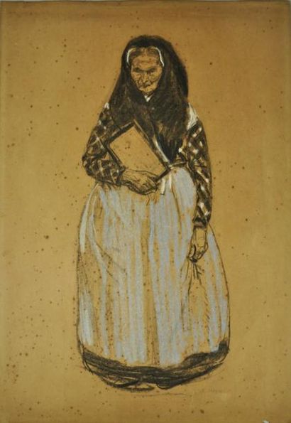 Edmond JAMOIS (1876 - 1975) Veille dame portant un livre Dessin au fusain et pastel...
