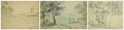 Edmond JAMOIS (1876 - 1975) Le moulin à Cassel, Paysages flamands Lot de 3 dessins...