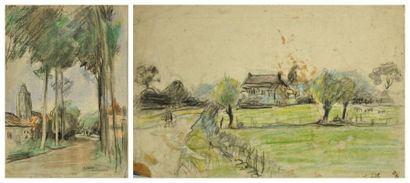 Edmond JAMOIS (1876 - 1975) Une rue à Audenarde, Paysage flamand Lot de 2 dessins...