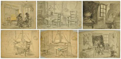 Edmond JAMOIS (1876 - 1975) Scènes d'intérieur Lot de 6 dessins Estimation: 40 à...