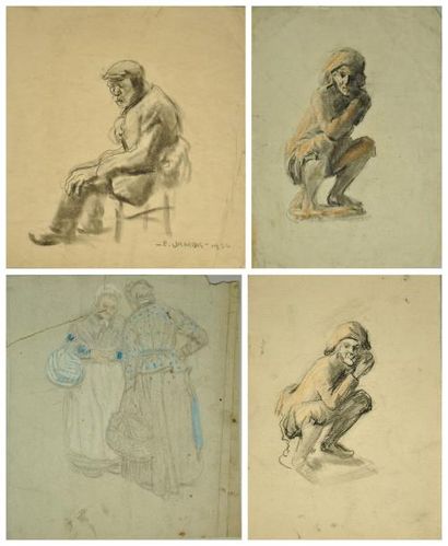 Edmond JAMOIS (1876 - 1975) Etudes de personnages Lot de 4 dessins Estimation: 30...
