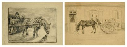 Edmond JAMOIS (1876 - 1975) Les chevaux de trait Lot de 2 dessins Estimation: 40...