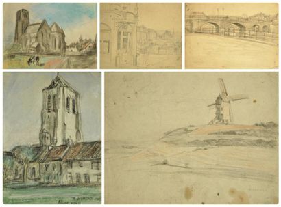 Edmond JAMOIS (1876 - 1975) Vues du Nord et des Flandres. Lot comprenant 24 dessins....