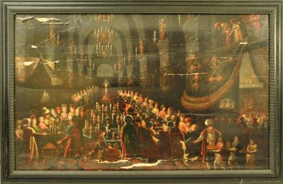 Attribué à Louis de CAULLERY (1580 - 1621) Le festin de Balthazar. Huile sur panneau...