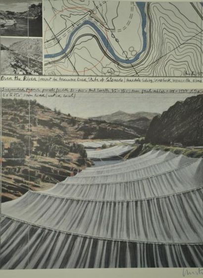 Christo (1935) Over the river. Impression offset en couleurs. H: 82 cm x L: 62 cm....
