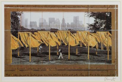 Christo (1935) The Gates, New York. Impression offset. H: 29 cm x L: 58 cm. Signée...