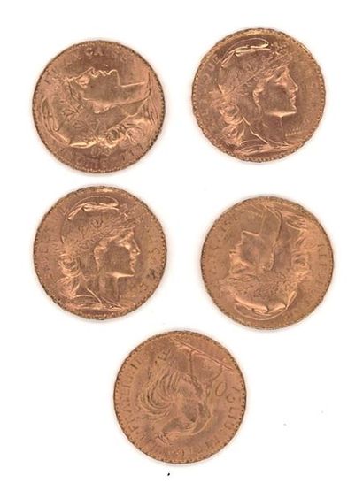 null Cinq (5) pièces de 20 FF or, Troisième République
Poids total: 32,23 g (frottées,...