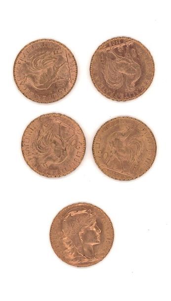 null Cinq (5) pièces de 20 FF or, Troisième République
Poids total: 32,23 g (frottées,...