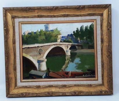 null Robert GENICOT (1890-1981)

"The Louis-Philippe Bridge in Paris"

Oil on panel,...