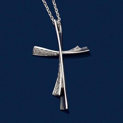 null Stylized cross" PENDANT and its chain in white gold (750‰) partially set with...