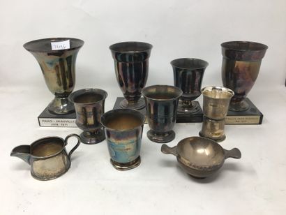 null Metal set: bowls, bucket, teapots, saltcellars, sauceboat, pie pan with silver...
