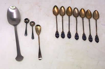null Batch: Two metal salt spoons, seven blue enamel metal mocha spoons and one stainless...
