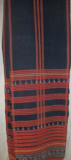 null Naga loincloth, Laos, indigo-dyed cotton, red stripes and embroidered with glass...