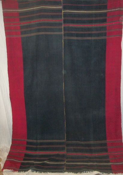 null Shawl, Syria, black cloth with red, yellow and blue stripes, fuchsia border,...