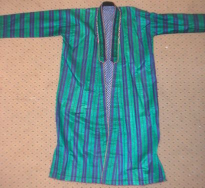null Coat, Turkmenistan, shaped emerald green with purple stripes, blue cotton l...