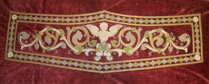 null Lambrequin, circa 1900, crimson velvet, embroidered decoration in cream, green...