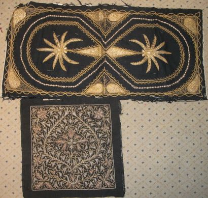 null Two embroideries, India or Turkey, black woollen sheet embroidered with gold...